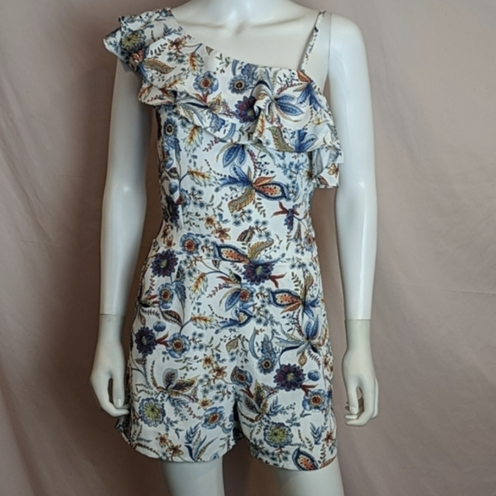 Molly Bracken Anthropologie Dahlia Blue and White Floral Ruffle Sleeve Romper XS